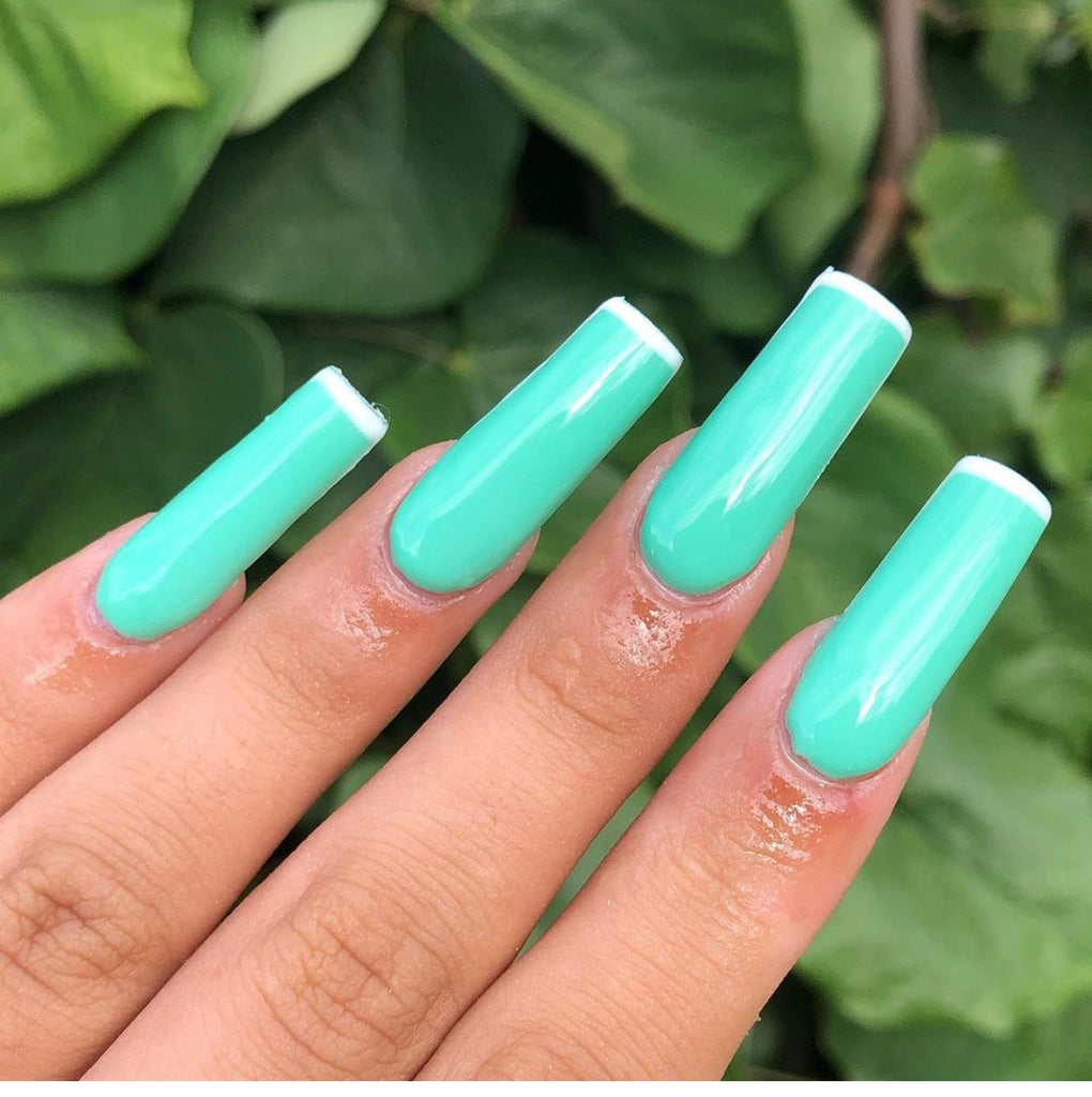 light green mint gel nails polish with white french tips- squared shape