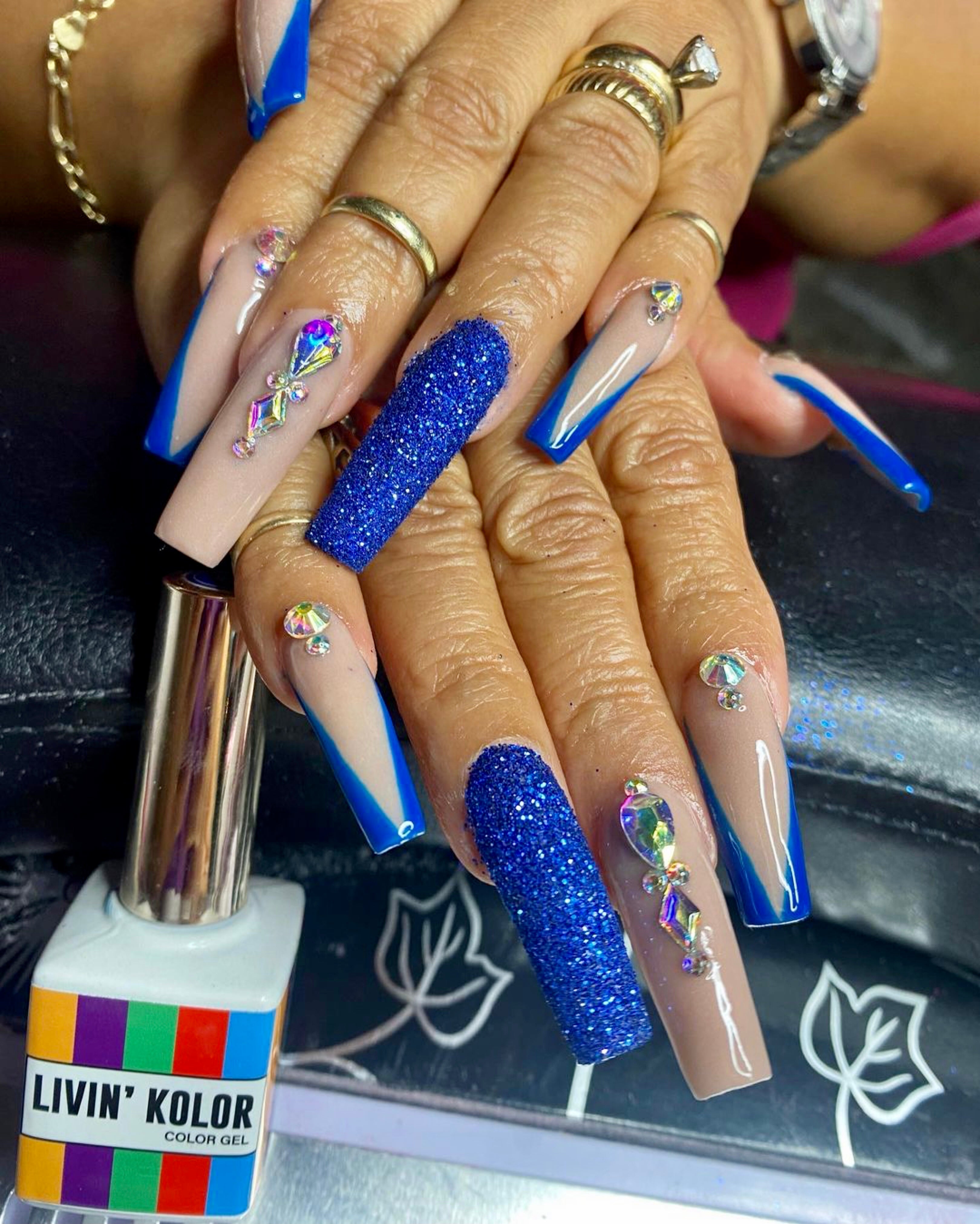 blue gel polish on long coffin nails