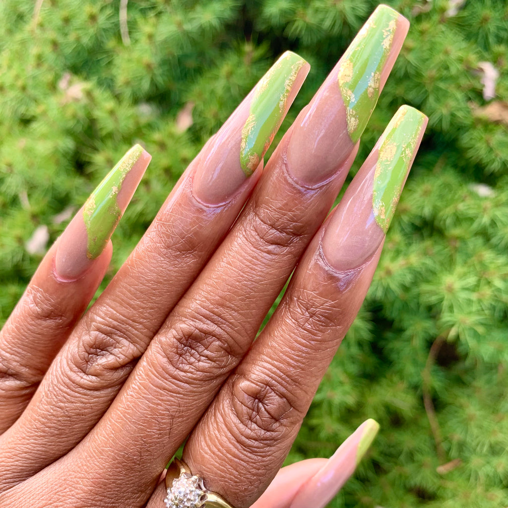 army green gel nail polish with gold flakes