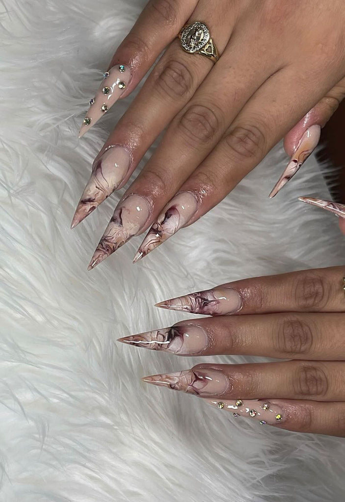 brown marble nails. Stiletto nails.