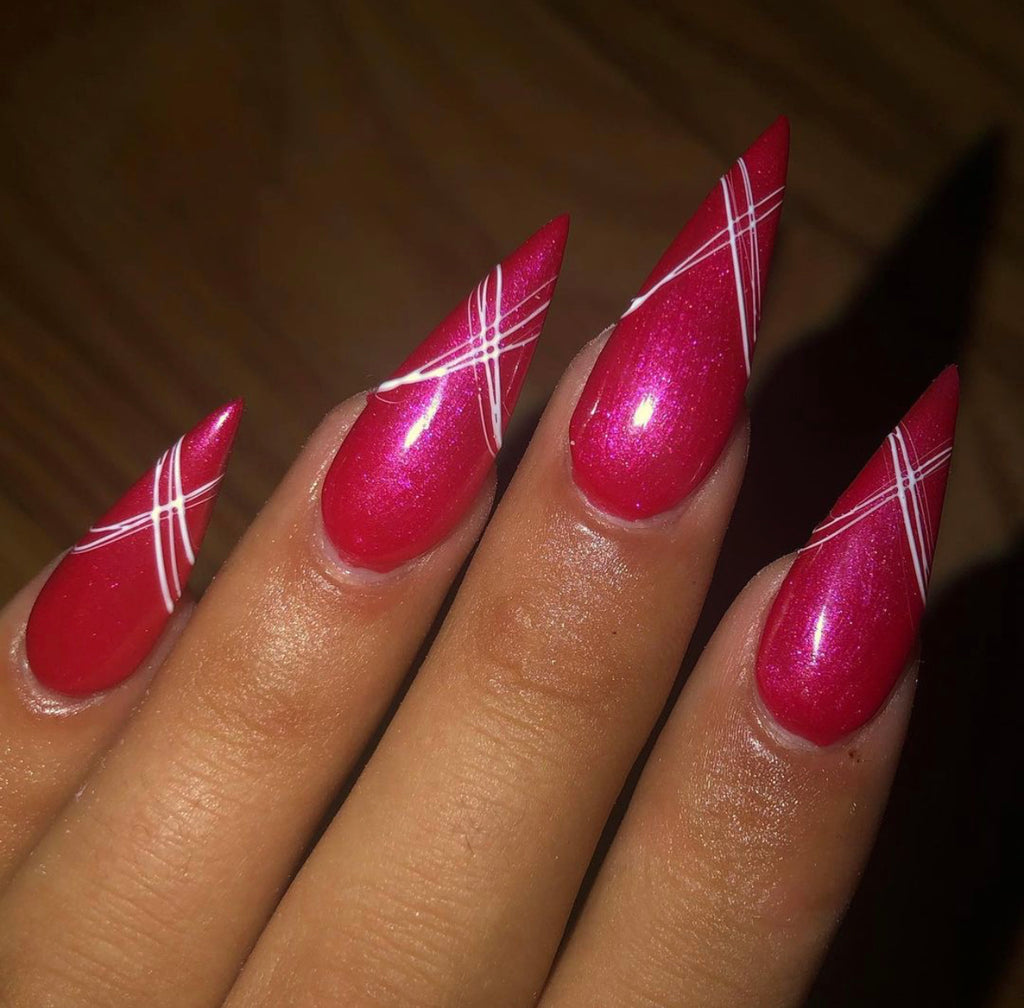 red shimmer gel nail polish - stiletto medium length nails