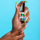 Nude gel polish with lime green tips and gold foil