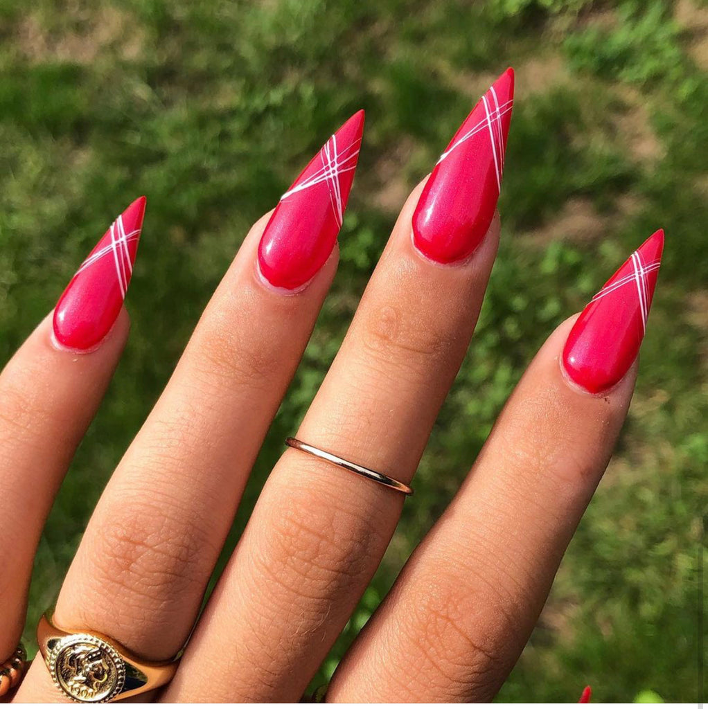 red shimmer gel nail polish - stiletto medium length nails